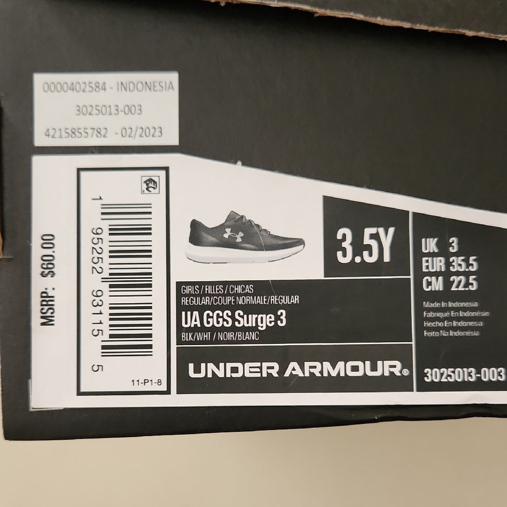 Kids Under Armour Surge 3 Black White Sneakers